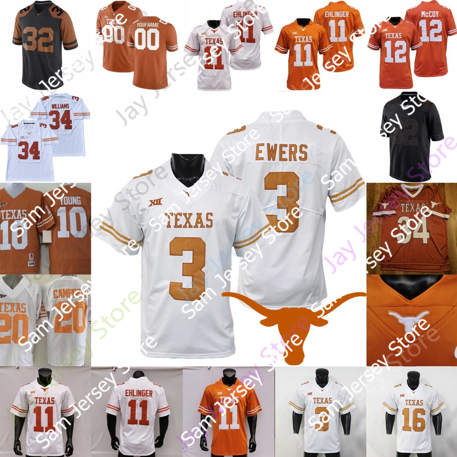 

Texas Longhorns Football Jersey NCAA College Quinn Ewers Vince Young Bijan Robinson Arch Manning Ja'Tavion Sanders Sorrell Jamison Overshown Brooks Johnson, Sugar bowl patch