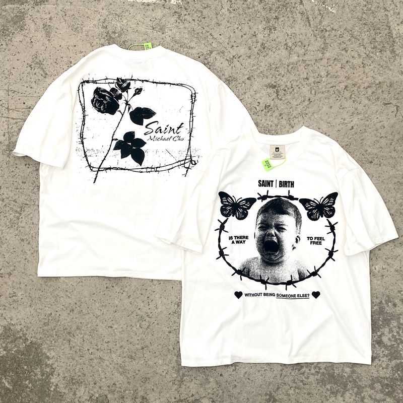 

Men' TShirts SAINT MICHAEL CHO Crying Little Angel White Ink Direct Jet Printing Short Sleeve Old Wash TShirt, Wash water white