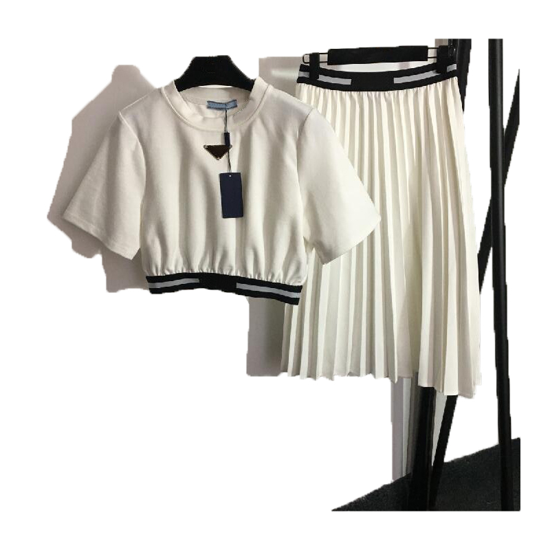 

Women Two Piece Dress T-shirt Dress Set Triangle Letter Hip Short Sleeve Round Neck Set Style Pleated Dress Women Fashion Classic High Quality Clothing Size -L, #03