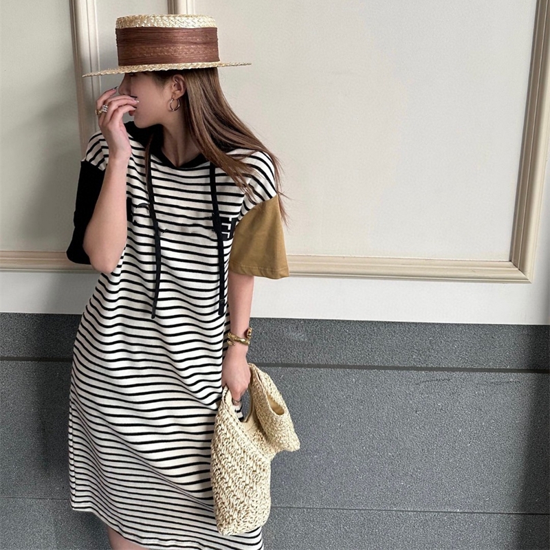 

designer dress womens designer clothing dresses for woman Striped Short Sleeves Hooded Loose Kneed Length Casual Holiday Long Dress, Black