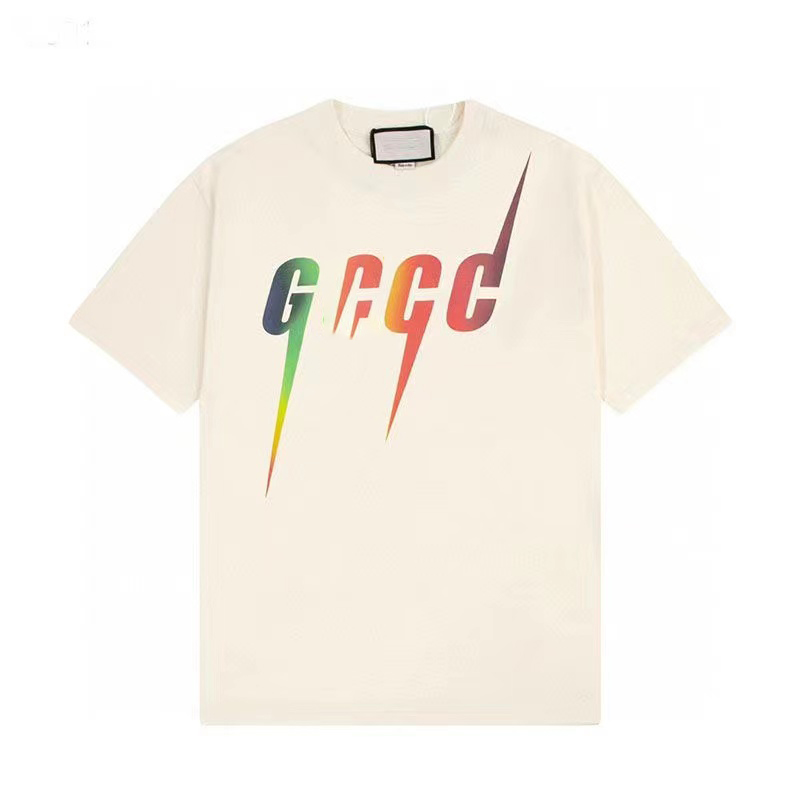 

Men's T-Shirts Rainbow Lightning top quality pure cotton print 290g heavy T-shirt couple with half sleeve European size cotton T-shirt, Beige