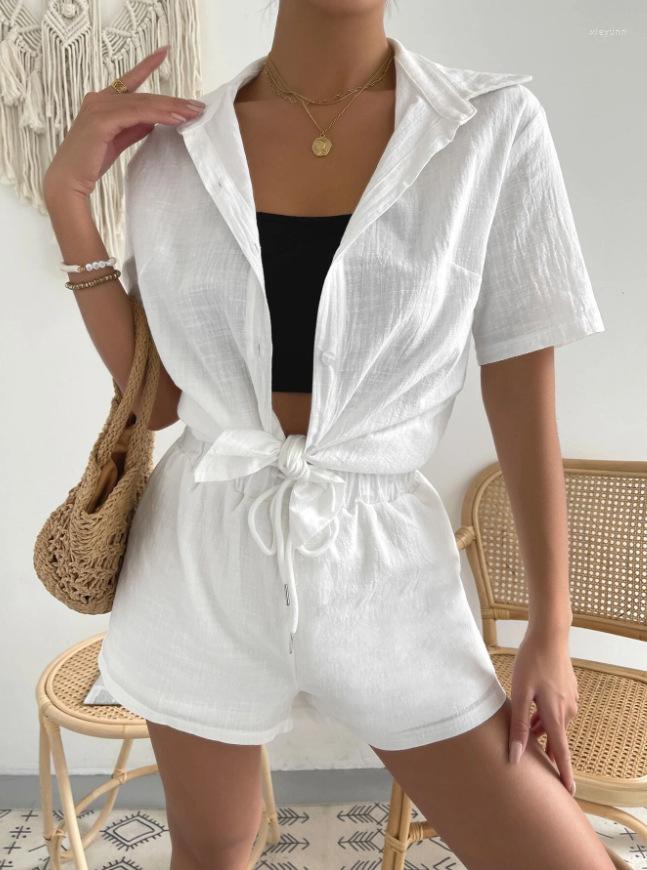

Women's Tracksuits Women Cotton Linen Shirts Suit With Shorts 2023 Summer Casual Loose Two Piece Sets For White Women's Tracksuit, Khaki