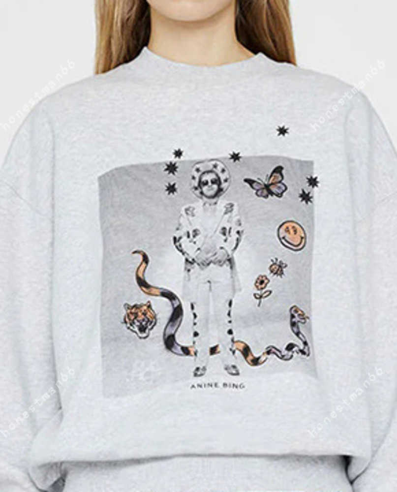 

23SS Anine Bing Women Fashion Cotton Classic Sweatshirt New Ab Magic Men White Ink Digital Print Snake Butterfly Bee Fleece Women Sweater Sportshirt, Flower gray