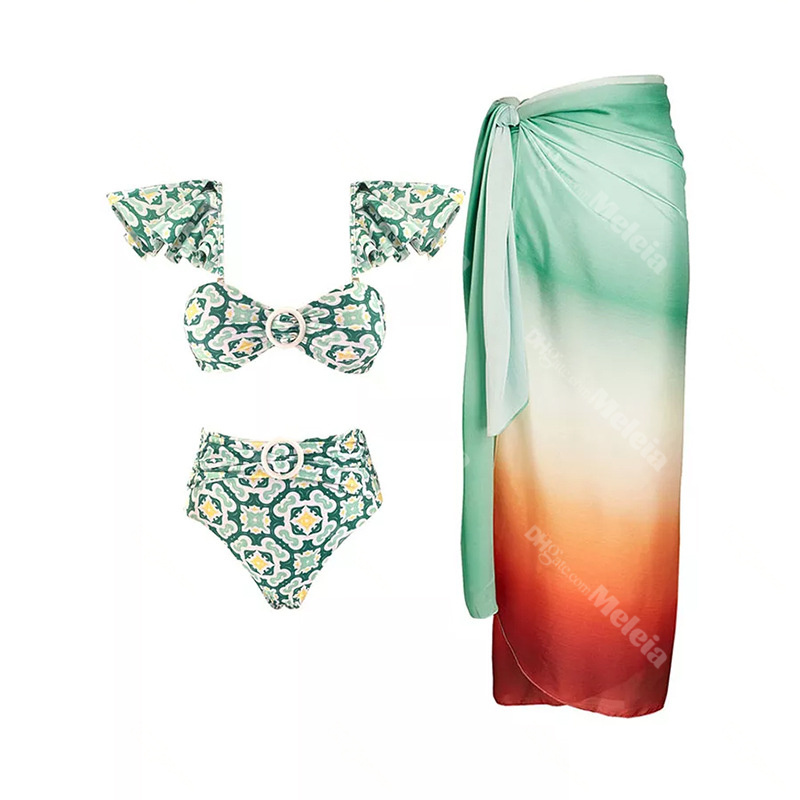 

High Waist Printed Bikini Set Travel Swimwear for Women Personality Geometric Print Dresses Sexy Beach Swimsuit Three Piece, Green dress
