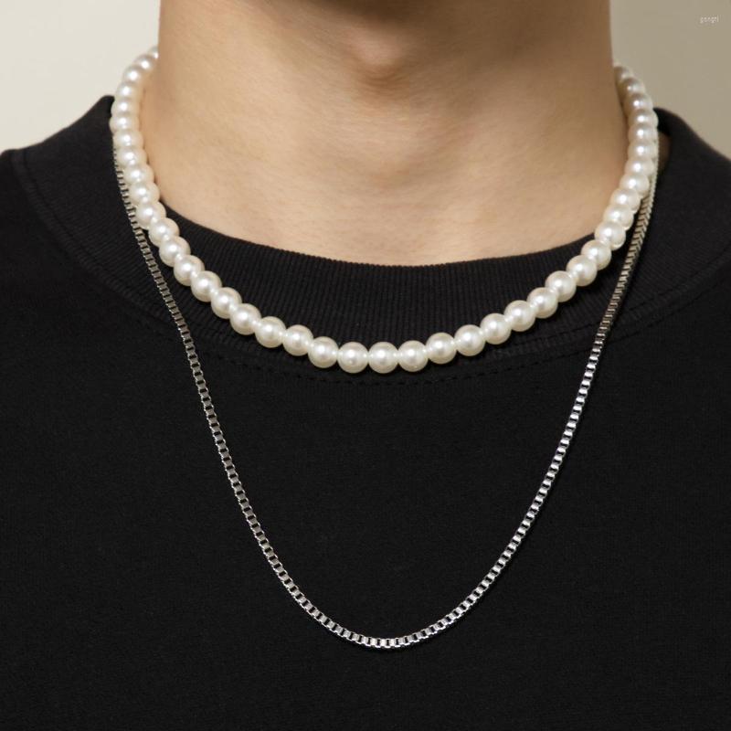 

Pendant Necklaces 2023 Punk Silver Color Link Chain Long Necklace For Men Women Strand Imitation Pearl Choker Collar De Perlas Hombre