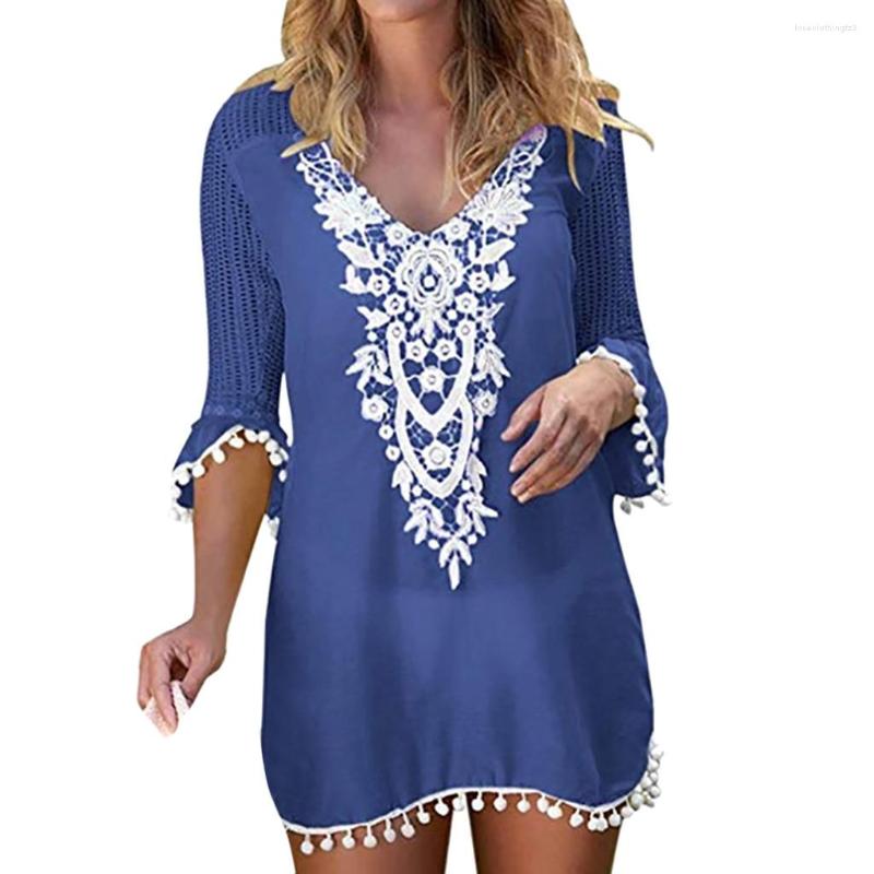 

Casual Dresses Vintage Women Beach Dress Solid Mesh Cover-Ups Beachwear Ladies Pom Trim Tassel Swimwear Half Sleeve Bathing Cover Up, Wh