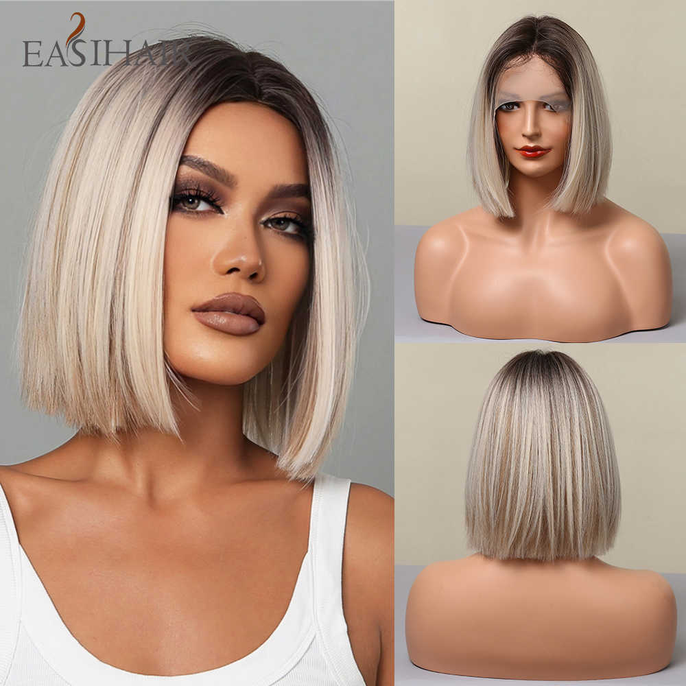 

Synthetic Wigs Easihair Platinu Blonde Lace Front Wigs Short Bob Straight Synthetic for Women Brown Roots Natural Hair Wig High Density 230227, Lace wig bl66116-1