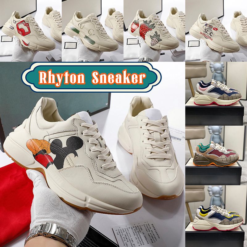 

New Designer shoes Rhyton sneaker Men Women Platform Casual Sneakers Luxury daddy shoe mens Vintage Logo Chunky beige canvas Leather interlock web printed trainers, #7- anchor printed