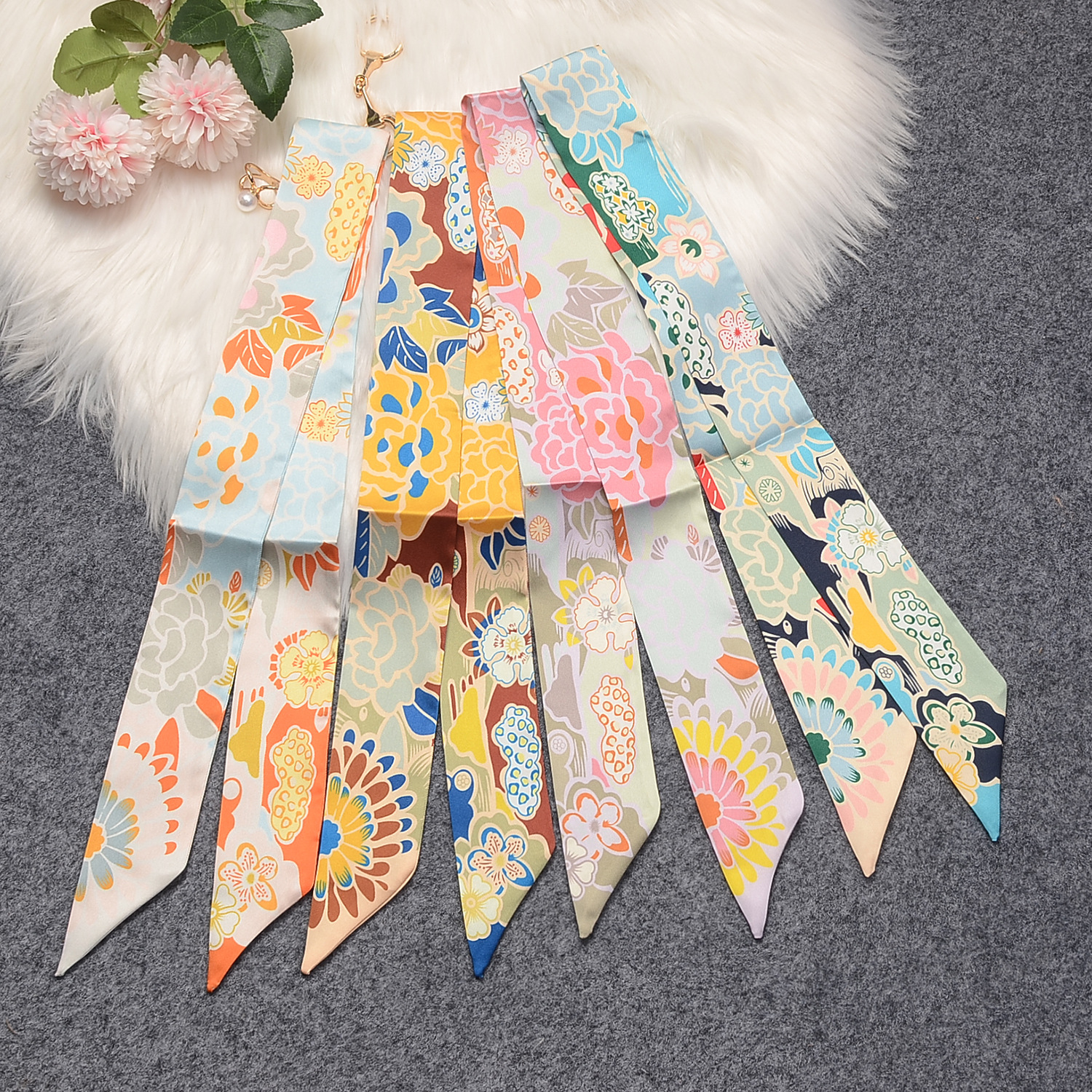 

French Retro Silk Scarf New Floral Small Silk Ribbon Womens Silk Scarf Hair Band Ribbon Long Square Towel Hair Band Ins Style