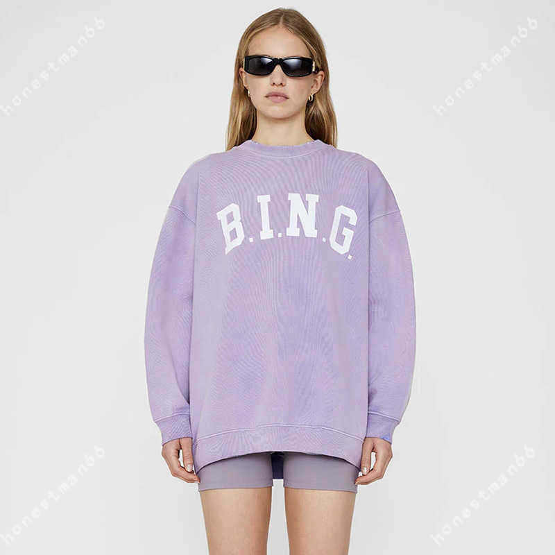 

23SS Anine Bing Women Fashion Cotton Classic Sweatshirt New Ab Classic Letters Printed Washing Dying Stir-frying and Fleece Loose Fitting Sweater Sportshirt, Wash water purple