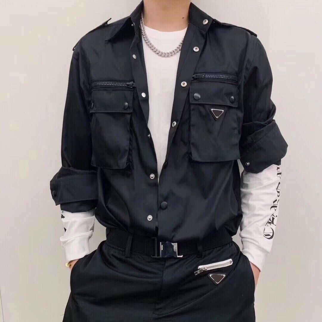 

23SS Unisex Women And Men Jacket Blouses Classic Fashion Luxury Jackets Oversized Customized nylon Fabric Multi-pocket Triangle Badge Design Shirts  M L XL 2XL Size, Black