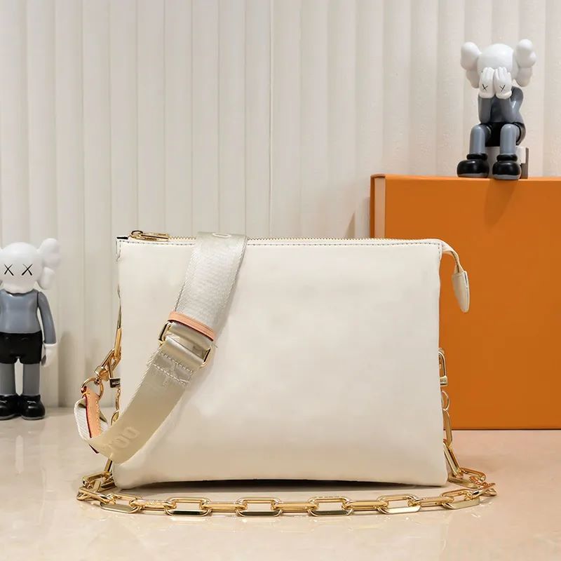

Women's mens Designer purses COUSSIN shoulder Bags Luxury crossbody tote classic square handbags Genuine leather PM Embossed two straps Chain Messenger Bag, White