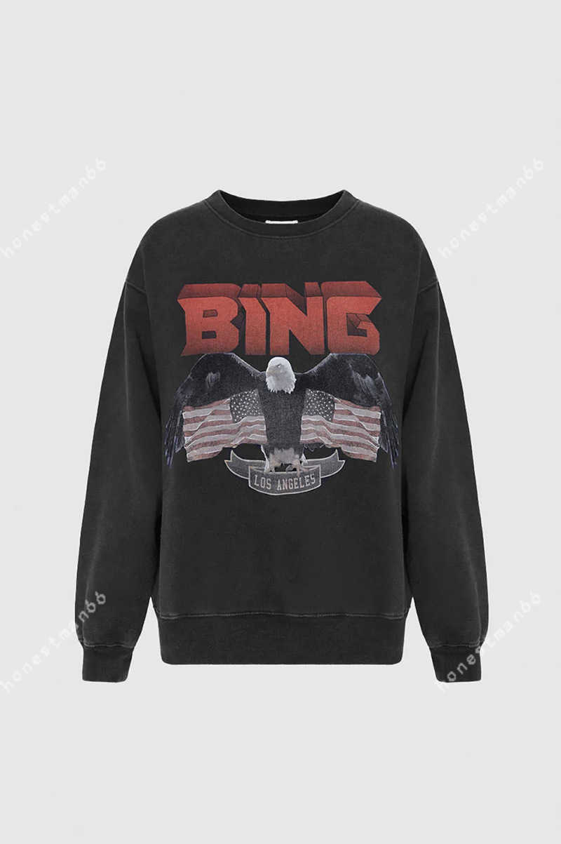 

23SS Anine Bing Women Fashion Cotton Classic Sweatshirt New Ab Pullover Eagle White Ink Digital Printing Fried Snow Wash Water Fried Color Sweater Sportshirt, Dark gray