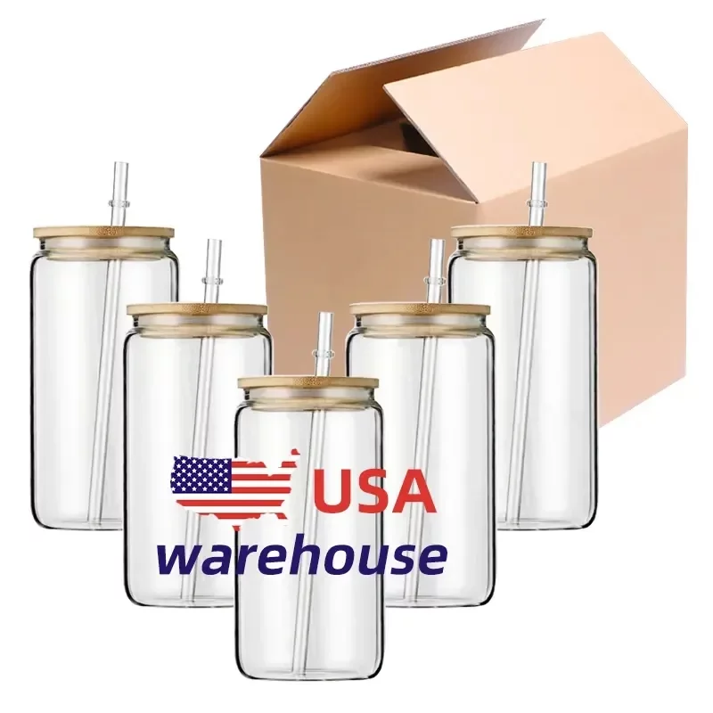 

12oz 16oz USA Warehouse Water Bottles DIY Blank Sublimation Can Tumblers Shaped Beer Glass Cups with Bamboo Lid and Straw for Iced Coffee Soda NEW, Clear with lids and straws
