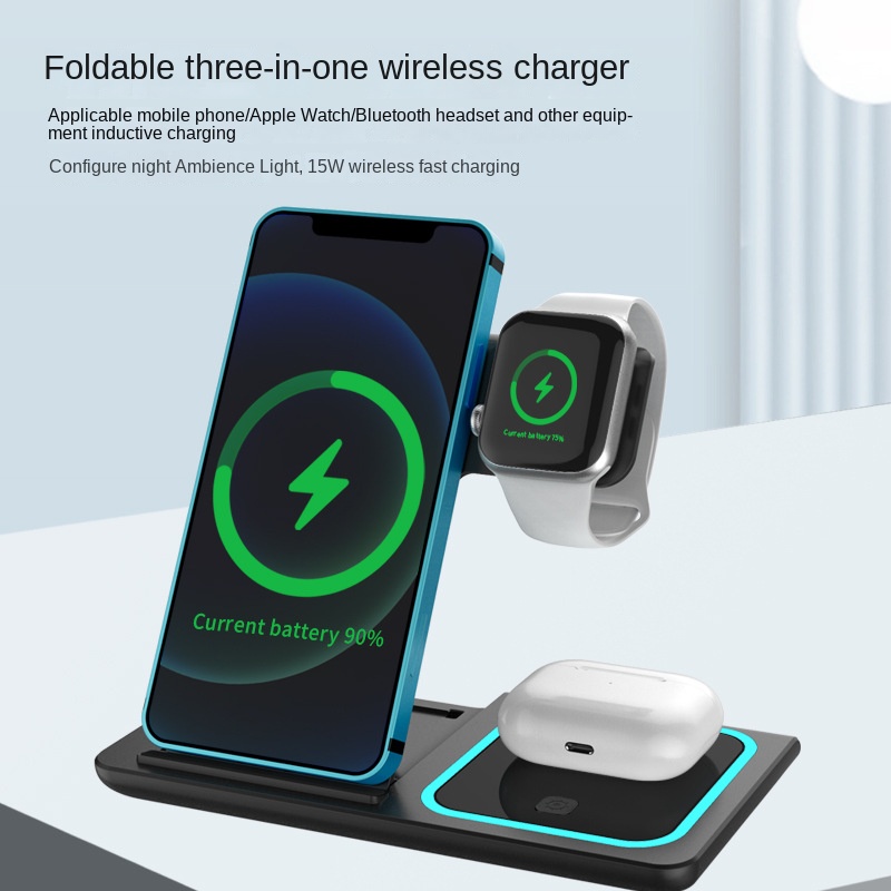 New 3-in-1 Mobile Phone Watch Earphone Wireless Charger Folding Stand for iPhone Huawei Wireless Charging-image-855423739