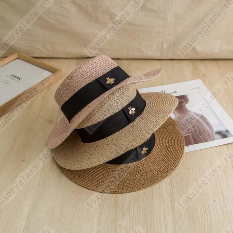 

Wide Brim Hats Straw Hat Casquette Ladies Bee Bow fitted hat Summer Outing Sunscreen Sunshade European And American Retro Leisure All-match Top