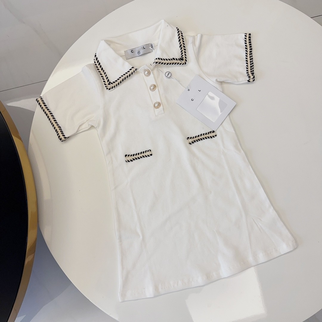 

Kid designer girls dress girl clothes girls skirt baby clothes Lapel pure cotton Pearl button design summer fasion dresses luxury brand white black size 90-130