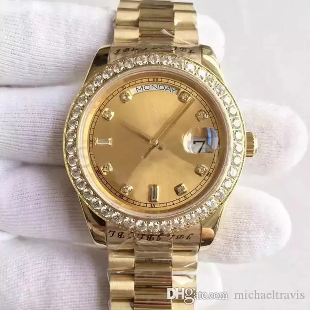 

Men's Watch 18K Gold Dial Diamond Inlay Automatic Mechanical Watch President Strap Original Folding Buckle Sells World, 1piece(random color)