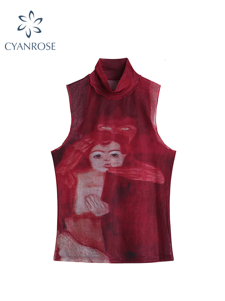 Women's T Shirt Tie Dye Mesh High Neck Hand Painted Printed Women Top Summer Fashion Sleeveless Slim T Shirt Lady Holiday Beach Style Tops 2