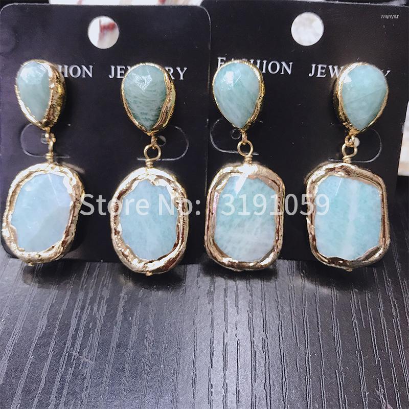 

Dangle Earrings Blue Fashion Atmosphere Natural Stone Style Lady Wind Female 24K Gold Plated Woman Earring