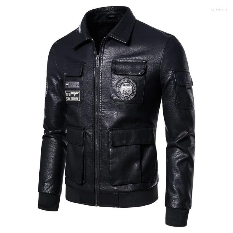 

Men's Jackets 2023 Autumn Pilot Suit Lapel Leather Coat Badge Locomotive Jacket, Black