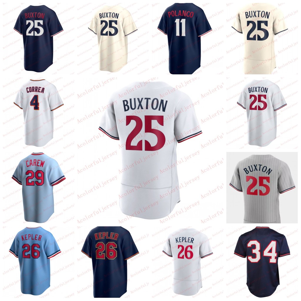 

Baseball Jerseys 25 Byron Buxton Jersey Carlos Correa Luis Arraez Jose Miranda Jorge Polanco Max Kepler Royce Lewis Jhoan Duran Joe Ryan Joey Gallo Vazquez Joe Maue, Gray flex base with sleeve patch