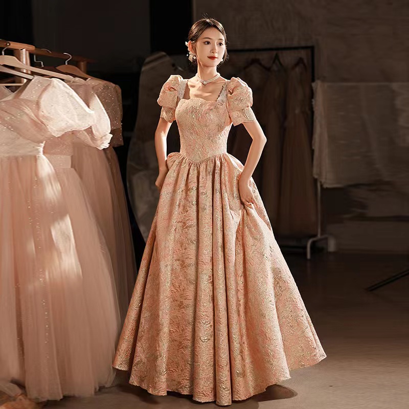 

pink Prom Dresses 2023 Long square neck beaded crystal cap Sleeve gold satin Evening Gowns party wed Elegant Plus Size Arabic Birthday Special Occasion Dress, Same as picture