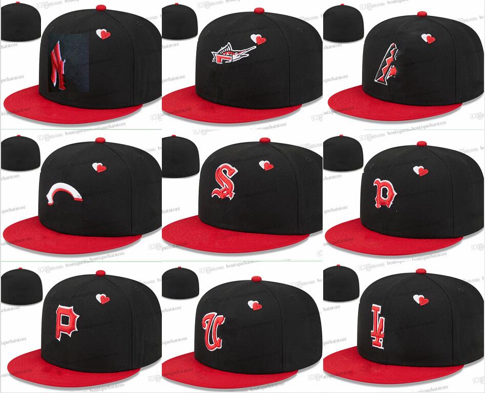 

2023 Men's Hearts Baseball Fitted Hat Letter P Full Closed Caps Classic Sports All Team Vintage New York Black Red Brim Heart Fitted Hats In Size 7- Size 8 MA2-04