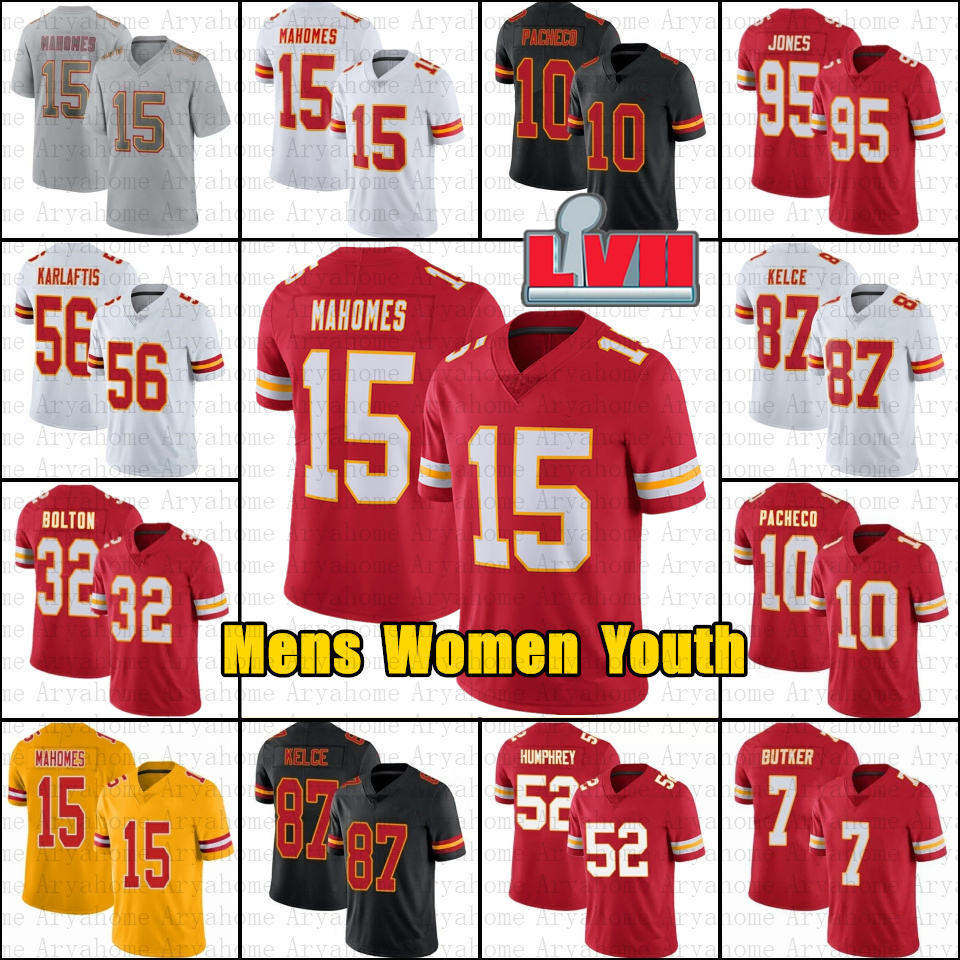 

15 Patrick Mahomes 87 Travis Kelce Football Jerseys Isaih Pacheco Chris Jones Creed Humphrey Kansases City Chiefes Nick Bolton Kadarius Toney Mens Women Youth Kids