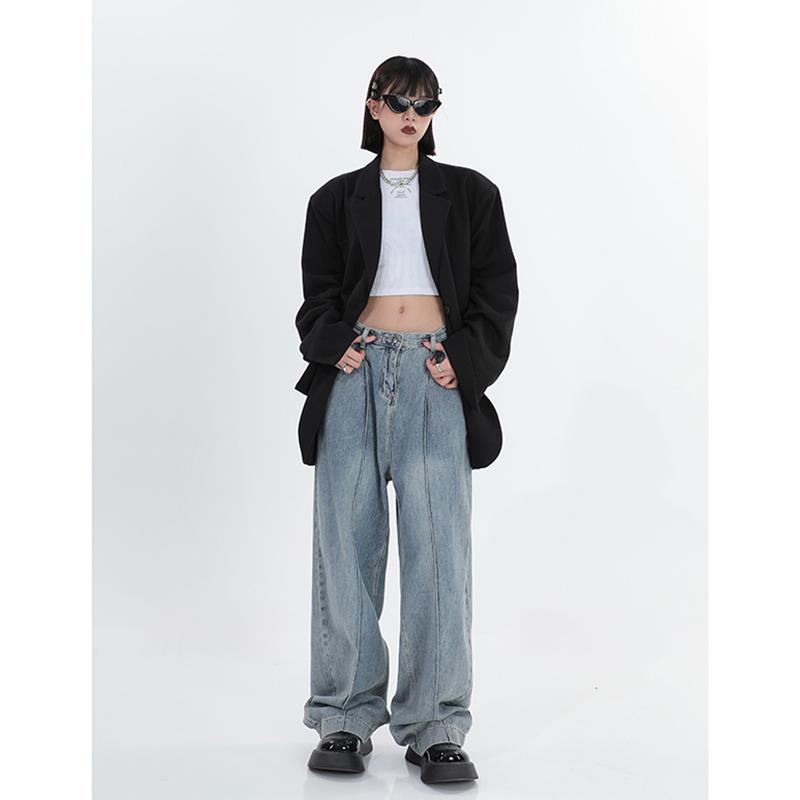 

Jeans Women's Blue Vintage Wide Leg Jeans Washed Baggy High Waist Mopping Pants Street Fashion Straight Denim Trouser Ladies Summer