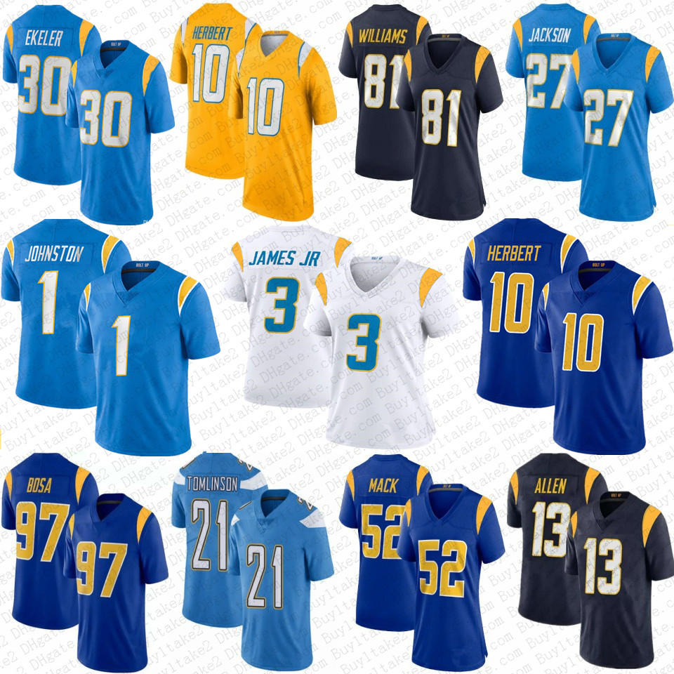 

Quentin Johnston 10 Justin Herbert Custom Football Jersey Keenan Allen Derwin James Joey Bosa Austin Ekeler JC Jackson Chargers Mike Williams LaDainian Tomlinson, Mens