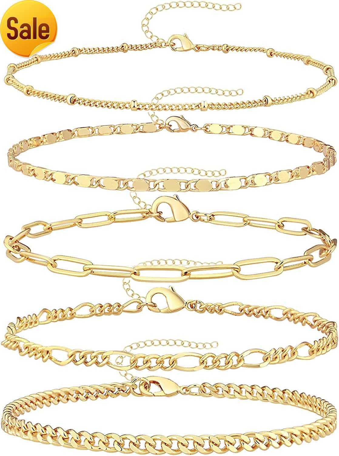 

Reoxvo Exquisite Gold Chain Bracelet Set Women's 14K True Gold Plated Bracelet Women's Fashion Gold Stackable Bracelet Adjustable 17.78 cm+5.08 cm