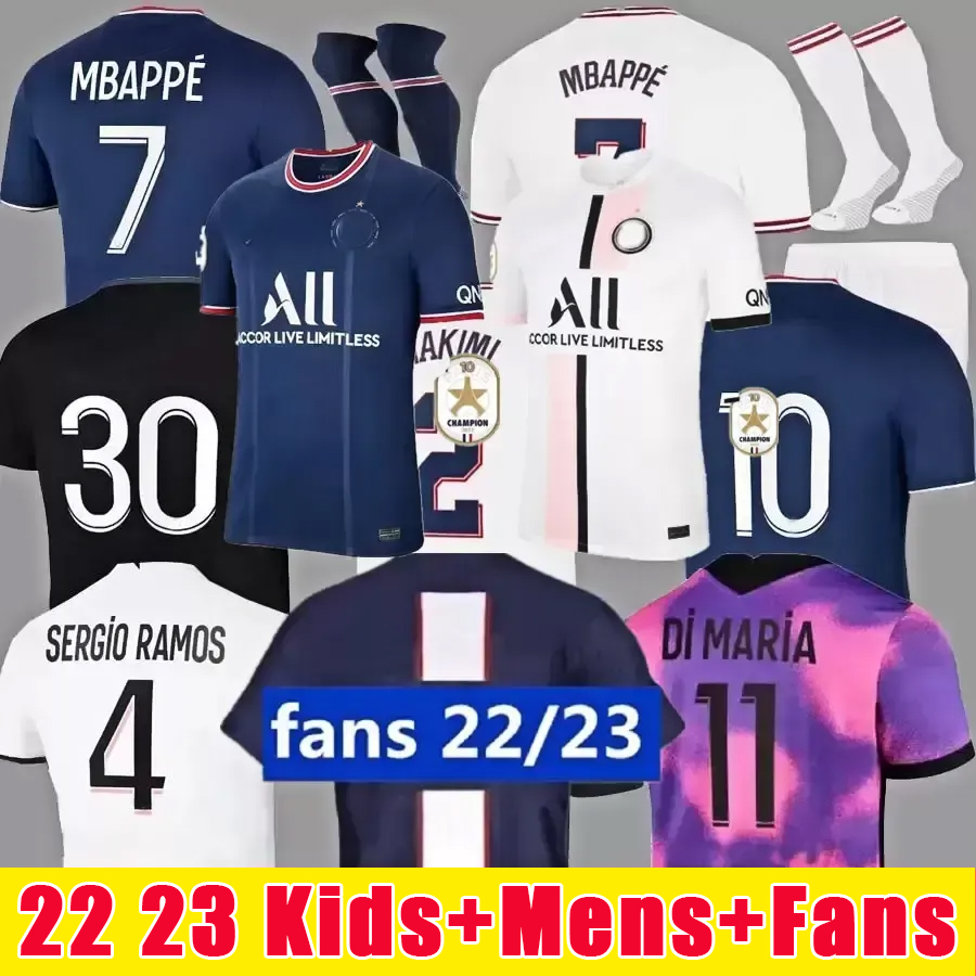 

adults and kids 2023 PSGs MBAPPE soccer jerseys 2023 DI MARIA WIJNALDUM SERGIO RAMOS HAKIMI fourth Maillots football kit ICARDI VERRATTI Champions 10th, 22-23 home