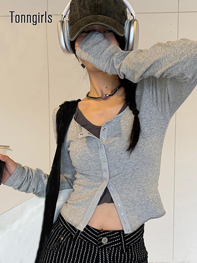 

T-Shirt Tonngirls Retro Graffiti Elasric T Shirt Women Sexy Slim Crop Tops Ribbed Two Pieces Tops Grunge Tee Tops Korean Style Fashion, Drak grey suits