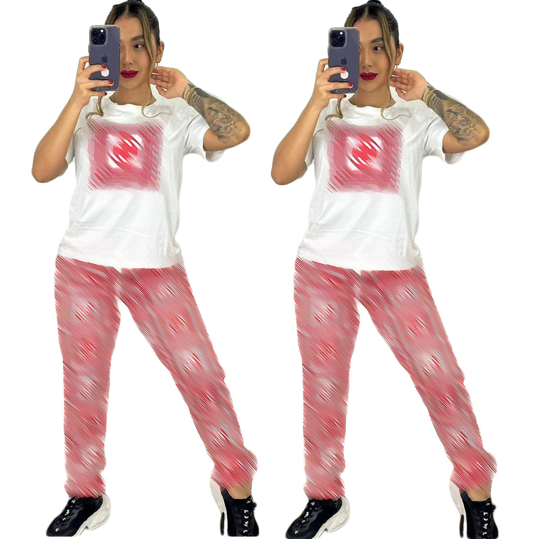 

Q6105 Ladies Casual Suit Summer Luxury Embroidered Printed Short-sleeved Long Pants Suit, Pink set