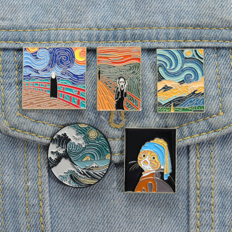 

Fun Oil Painting Enamel Pins Custom Starry Night Scream No-face Man Ukiyo-e Wave Creation of Adam Brooch Lapel Badge Art Jewelry, Color #1