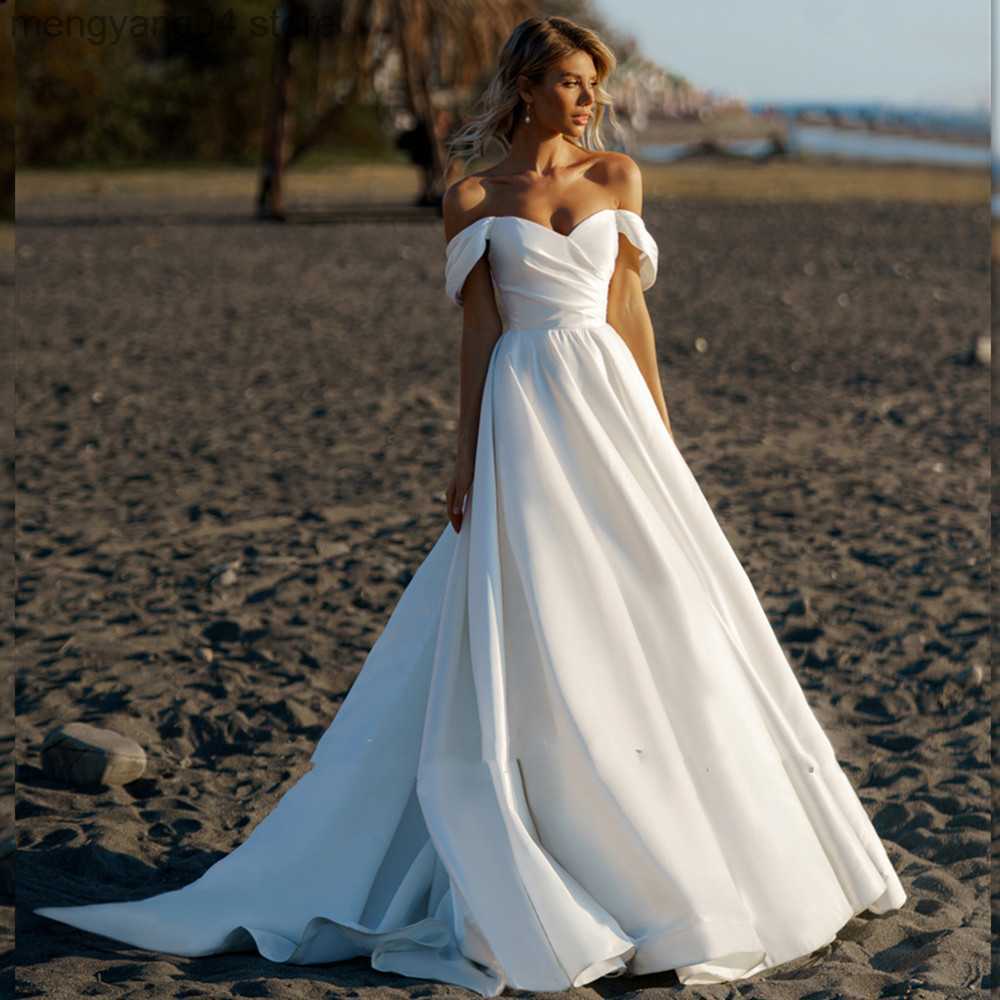 Party Dresses Simple Beach Wedding Dresses A-Line Sleeveless Off The Shoulder V-neck Bridal Gowns Sweep Train Pleat Satin Vestido De Novia T23050-image-862843505