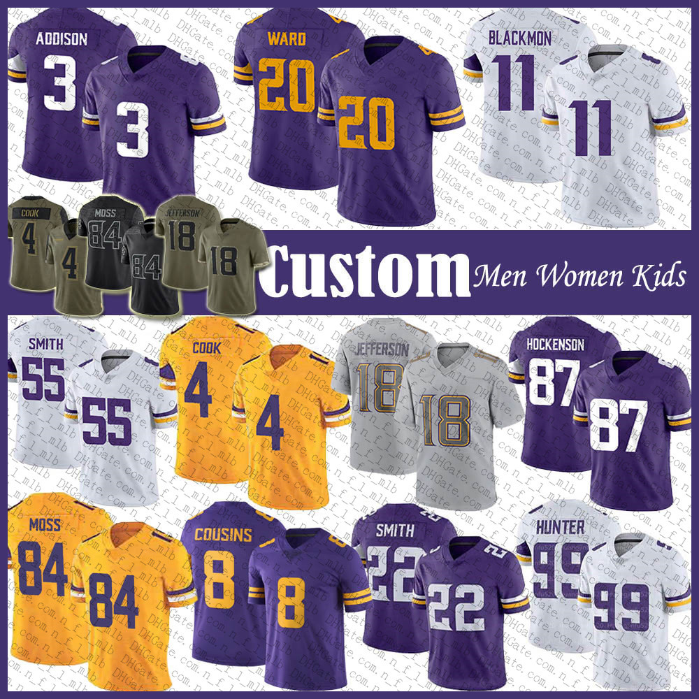 

Custom 3 Addison Justin Jefferson TJ Hockenson Football Jersey ZaDarius Harrison Smith Kirk Cousins Dalvin Cook Danielle Hunter Mekhi Blackmon Jay Ward Randy Moss, Shown
