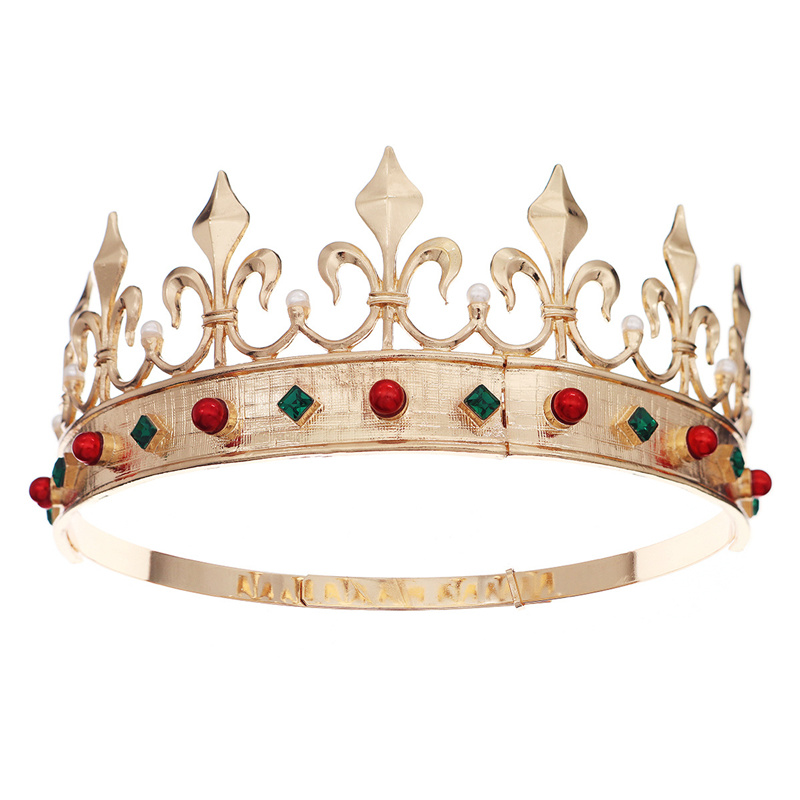

TS-0086-A Classic European and American Adjustable King's Crown Vintage Red and Green Gem Headwear Party Ball Alloy Round Crown Unisex
