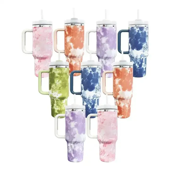 

UPS 40oz Adventure Quencher Tumblers Tie Dye Car Mugs 40 oz With Handle Lid and Straw Stainless steel Thermos Water Bottles, Multi-color