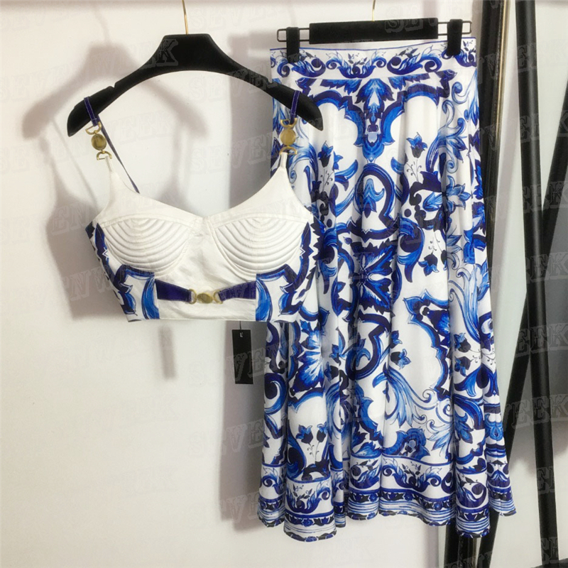 

Print Women Sling Tank Top Dress Suits Luxury Gold Buckle Vest High Waist Skirts Sets For Party Weding, Blue