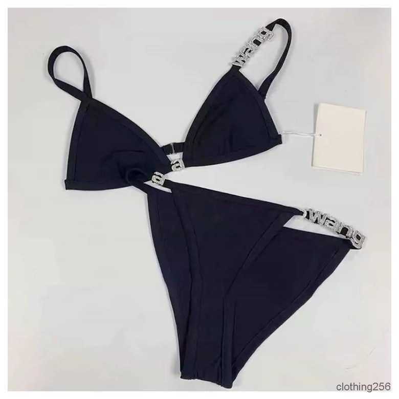 

Aw dawangjia 23 spring and summer new crystal letter decorative wang bikini rimless underwear swimsuit set, Black
