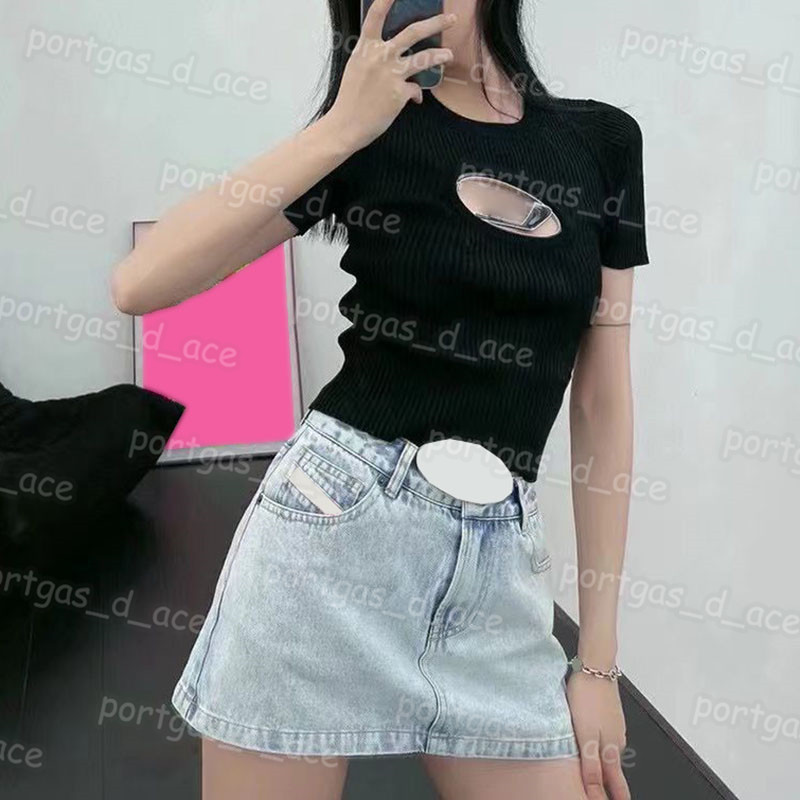 

Luxury Women T Shirt Hollow Chest Design Tops Short Sleeve Knit T Shirts, Black 。0503