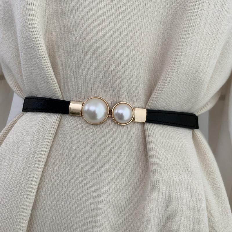 

Belts Narrow Elasticated Belt For Women Sweater Dress Waist Skirt Decorative Female Students Pearl Accessories Cinturones BlackBelts Emel22, Black