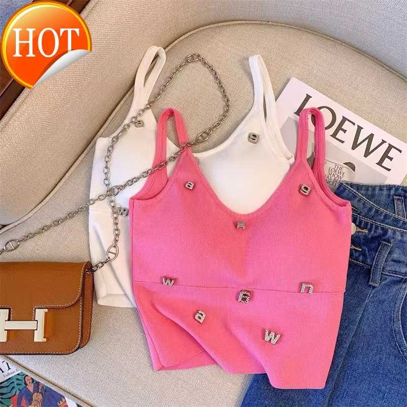

AW King 23 Spring and Summer New Temperament Fashion Letter Diamond Tight Slim Tank Top, White
