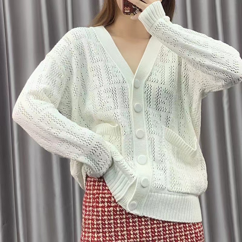 

Spring top womens knits designer high-end F letter embodying luxury hollowed out translucent sexy V-neck cardigan, White