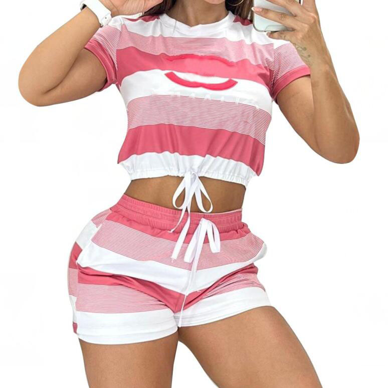 

Summer New Women's Tracksuits Outdoor Leisure channel Fashion Stripe Splice Printed Drawstring Short Sleeve T-shirt+Lace Up Shorts Two Piece Set Outfits, 02