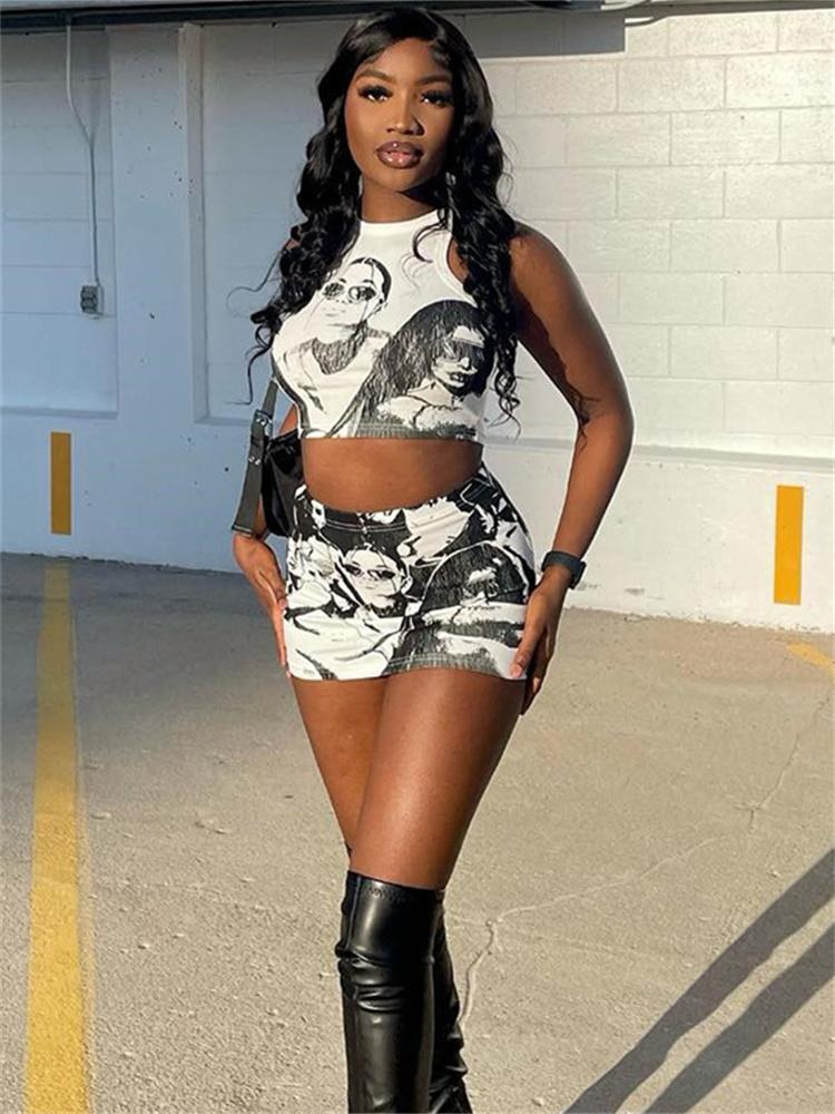 

Dress Two Piece Sets Women Summer Gothic Printed Club Sexy Skirt Suits Ladies Sleeveless Tank Tops + Mini Skirts 2Pcs Sets Female, Black