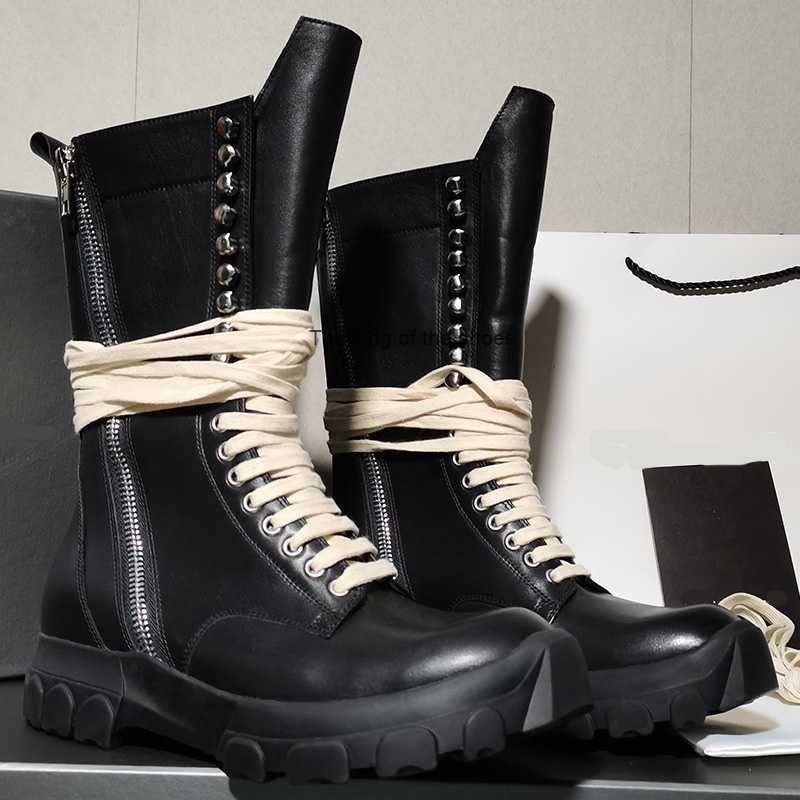 

Rick Men's Casual Shoes High Street Hip Hop Double Zipper Leather Shoes Ro Owens Women's Boots, Black