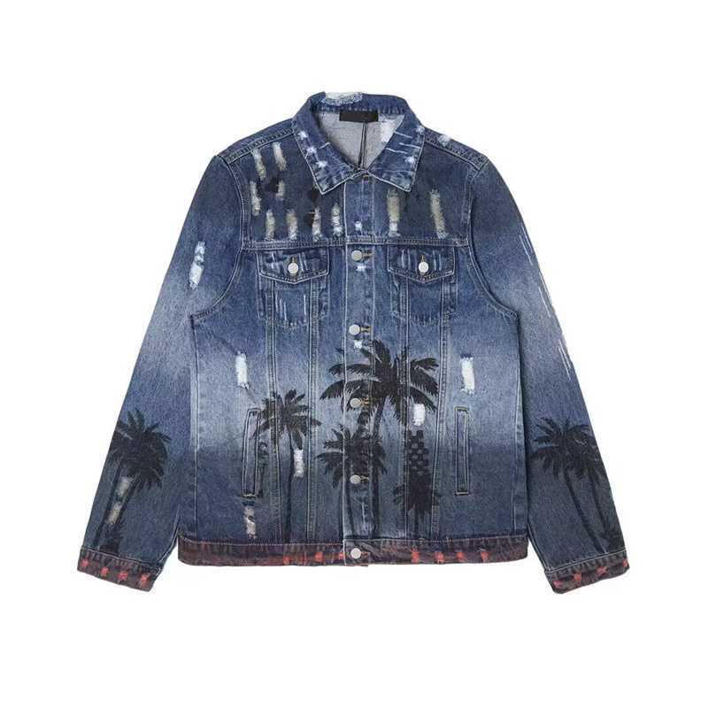 

l Coconut Print Wash Denim Jacket High Street Men's Fashion 2p1e9a0, Blue